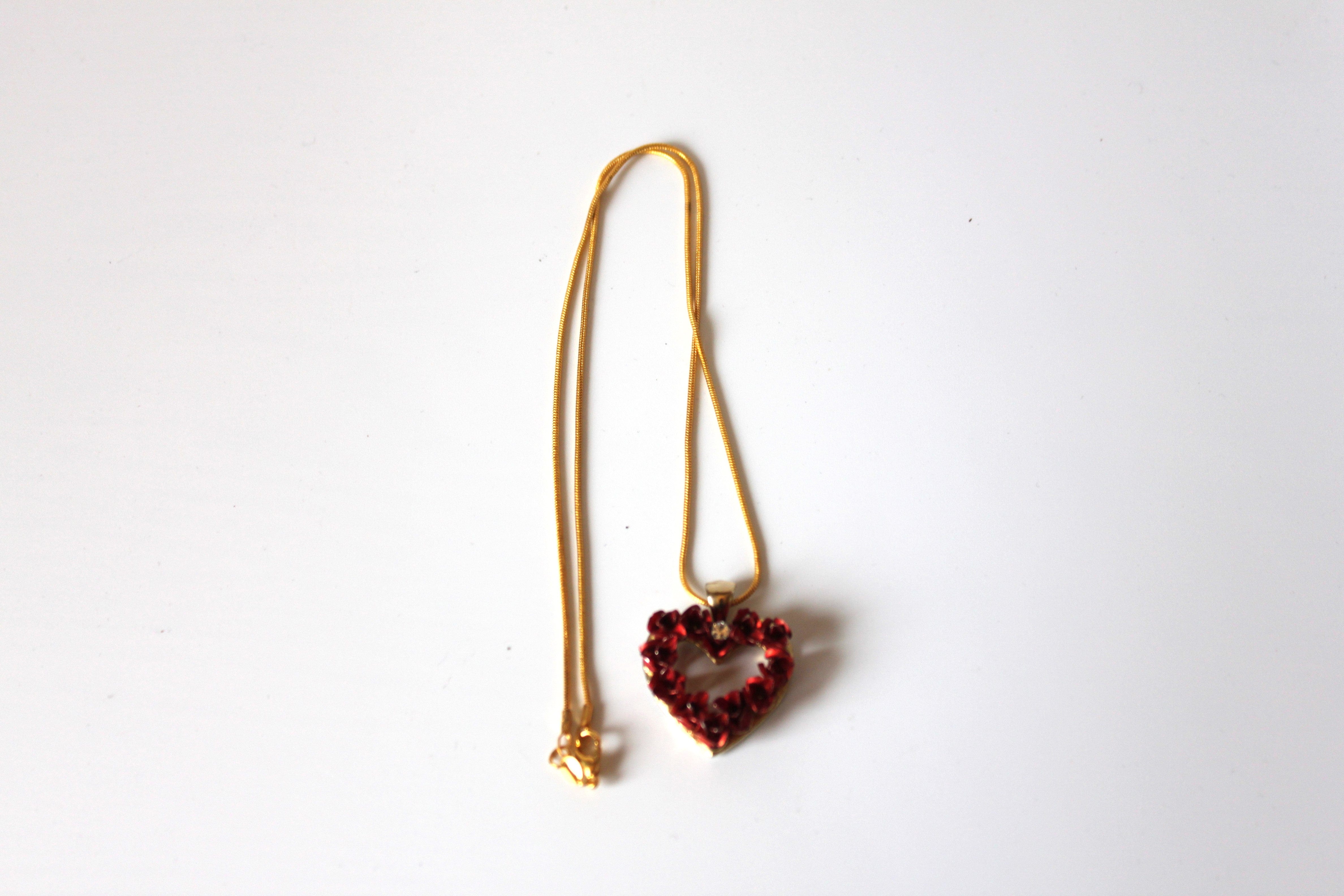 Necklace - Intricate red heart charm vintage pendant and gold chain with center CZ - 18" JL105