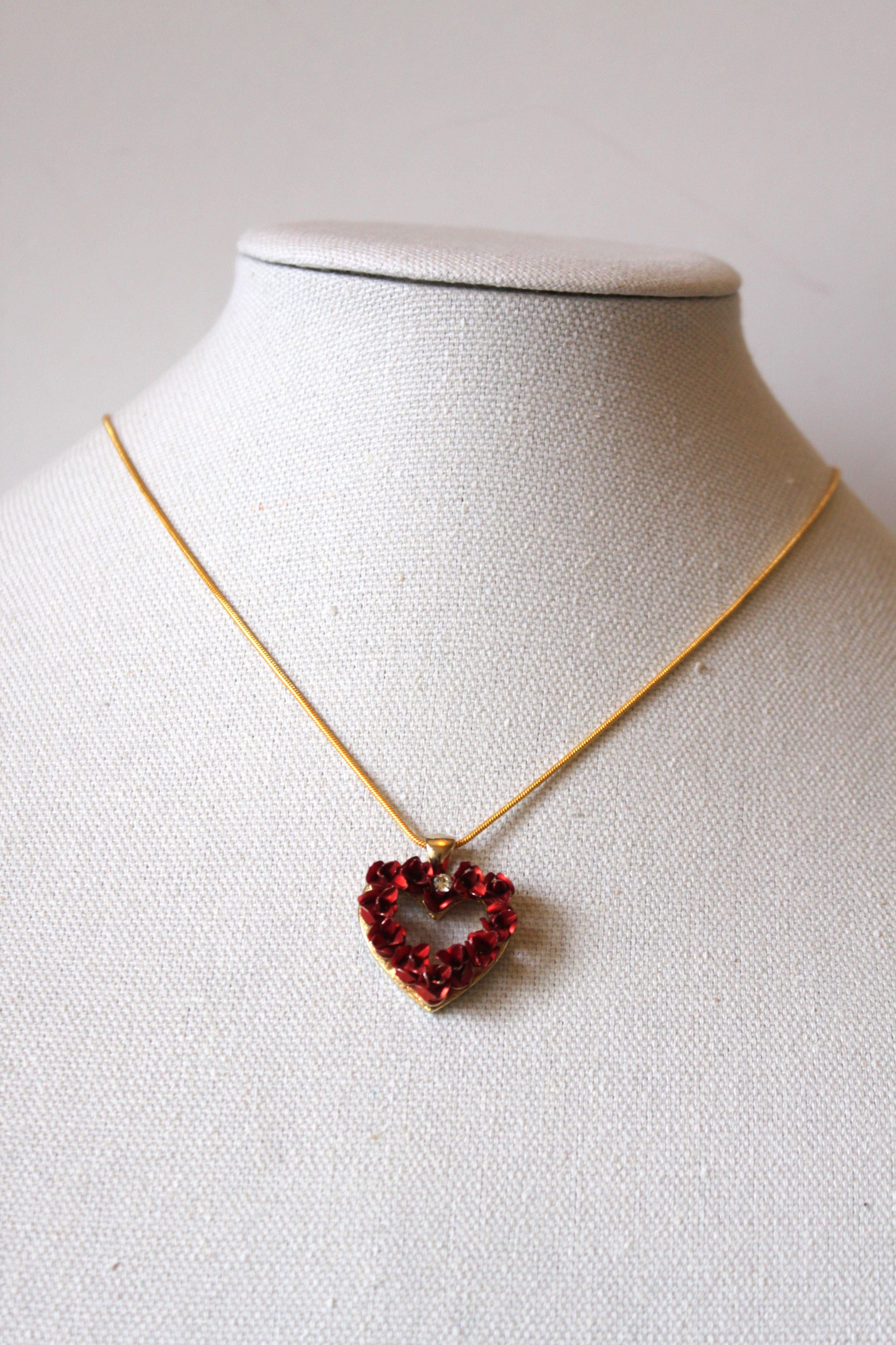 Necklace - Intricate red heart charm vintage pendant and gold chain with center CZ - 18" JL105