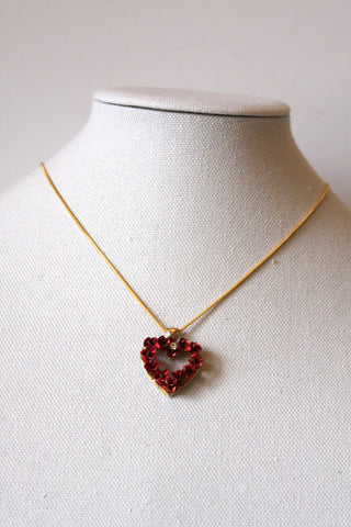 Necklace - Intricate red heart charm vintage pendant and gold chain with center CZ - 18" JL105