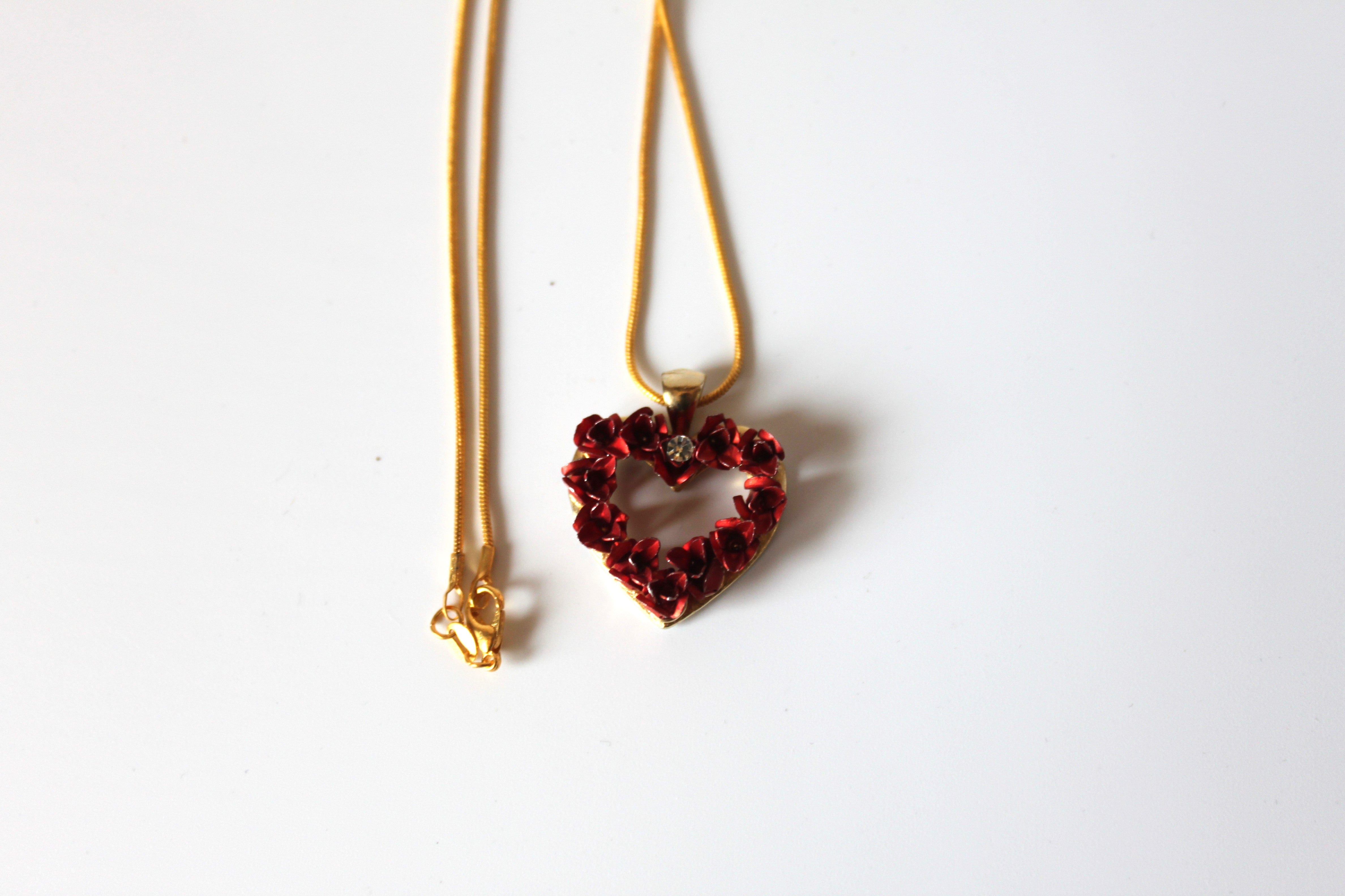 Necklace - Intricate red heart charm vintage pendant and gold chain with center CZ - 18" JL105