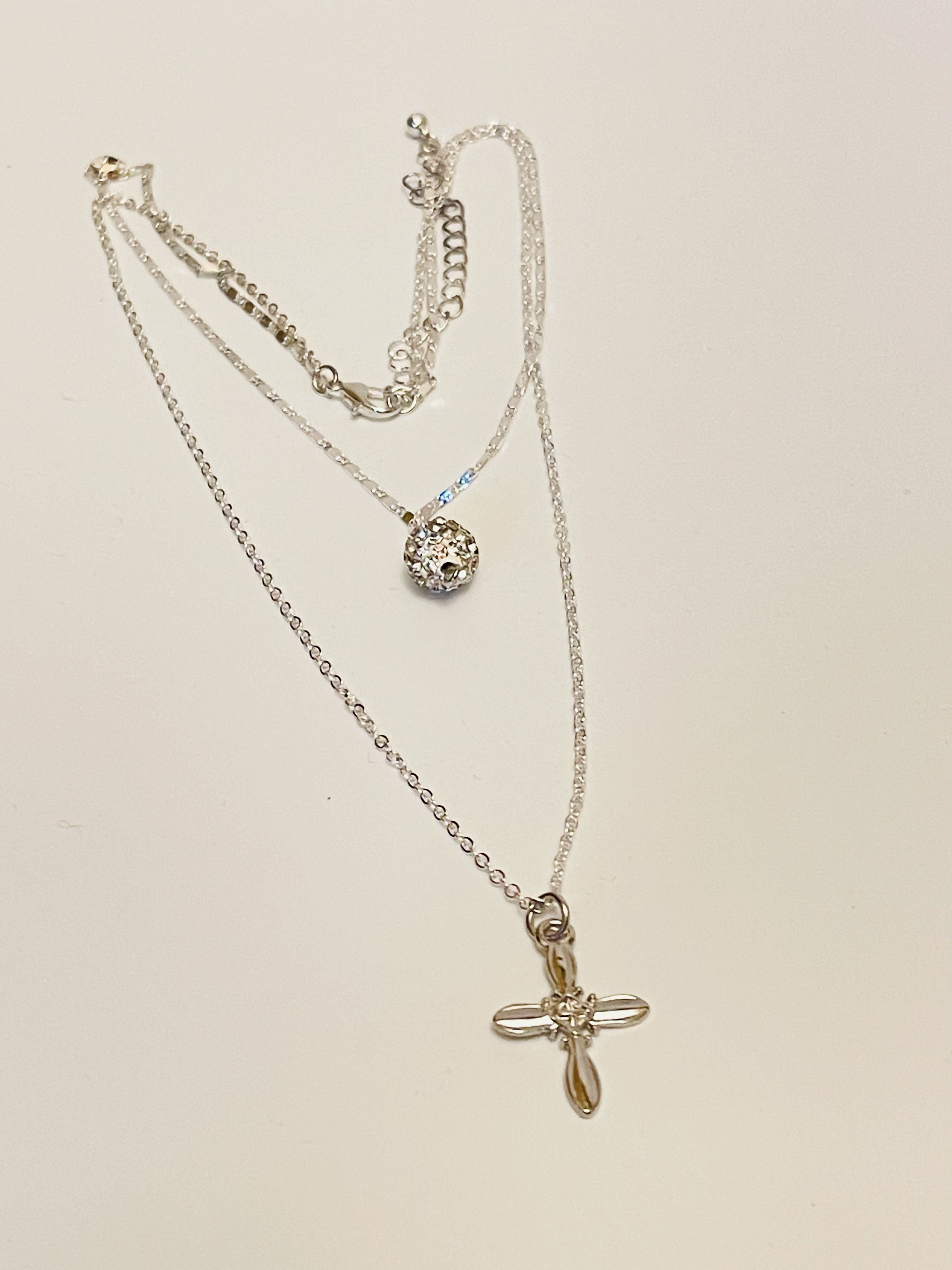 Necklace - Layered silver necklace with delicate chains - silver cross and rhinestone charms - 16", 18" JL155