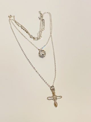 Necklace - Layered silver necklace with delicate chains - silver cross and rhinestone charms - 16", 18" JL155