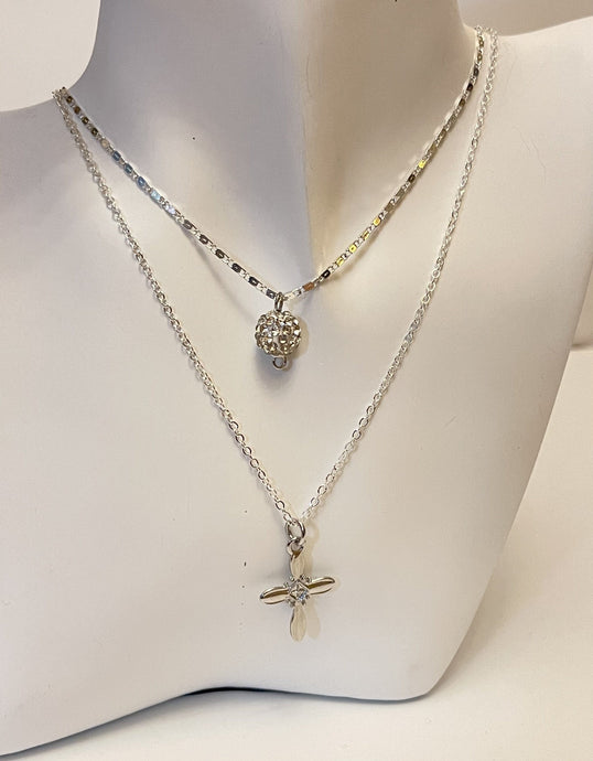 Necklace - Layered silver necklace with delicate chains - silver cross and rhinestone charms - 16