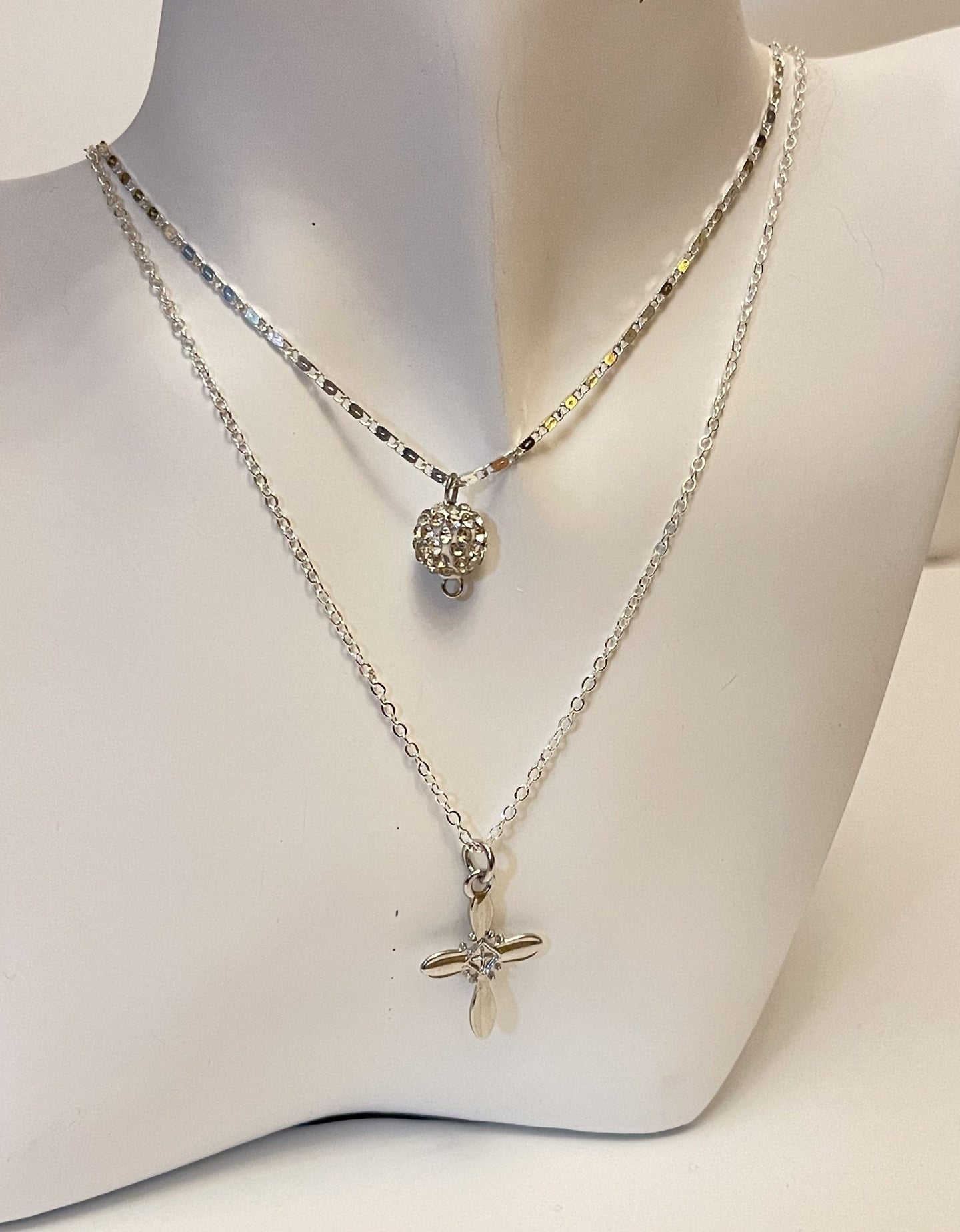 Necklace - Layered silver necklace with delicate chains - silver cross and rhinestone charms - 16