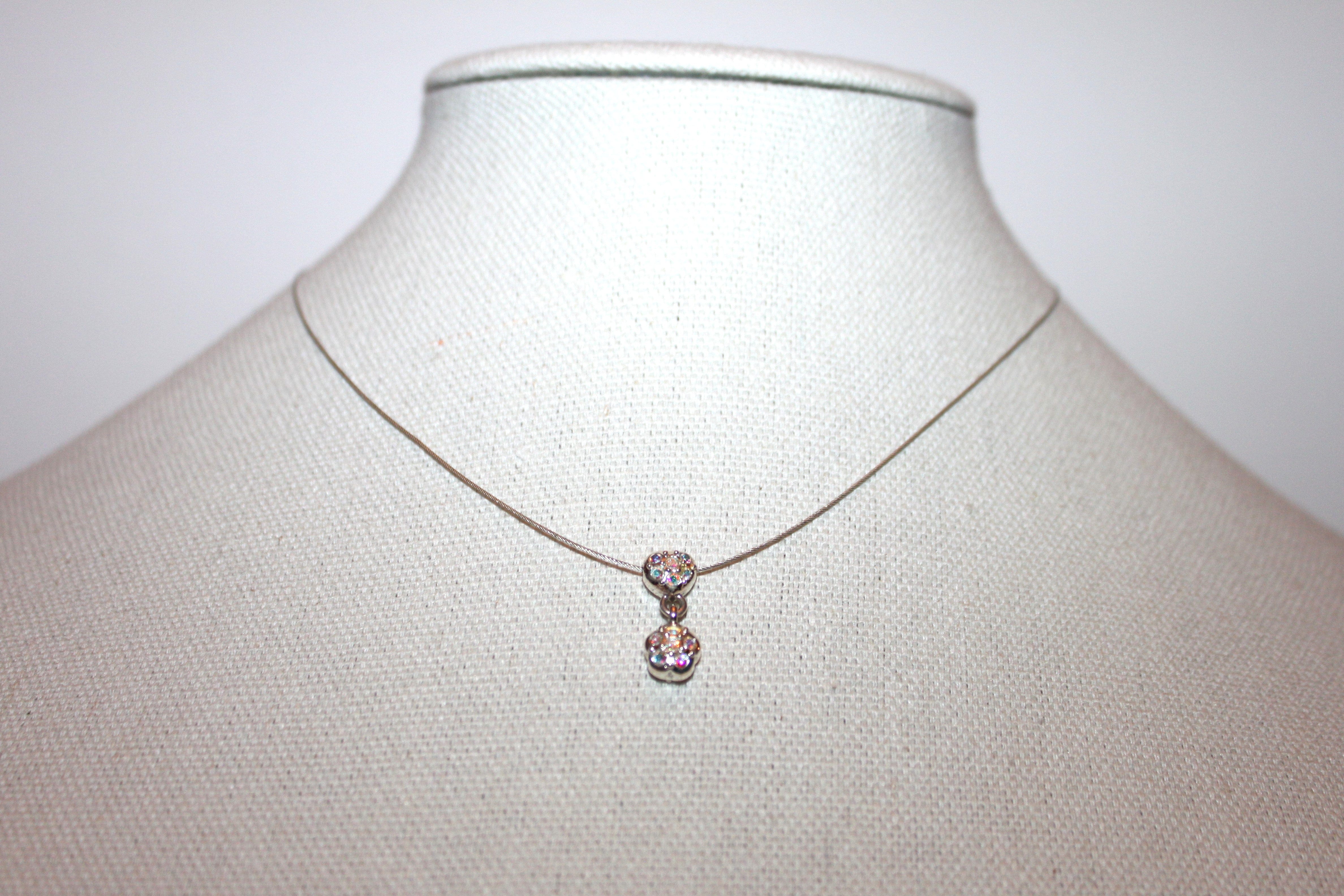 Necklace - Silver wire chain with pretty rhinestone flower cluster - 15" with 2" extension JL049