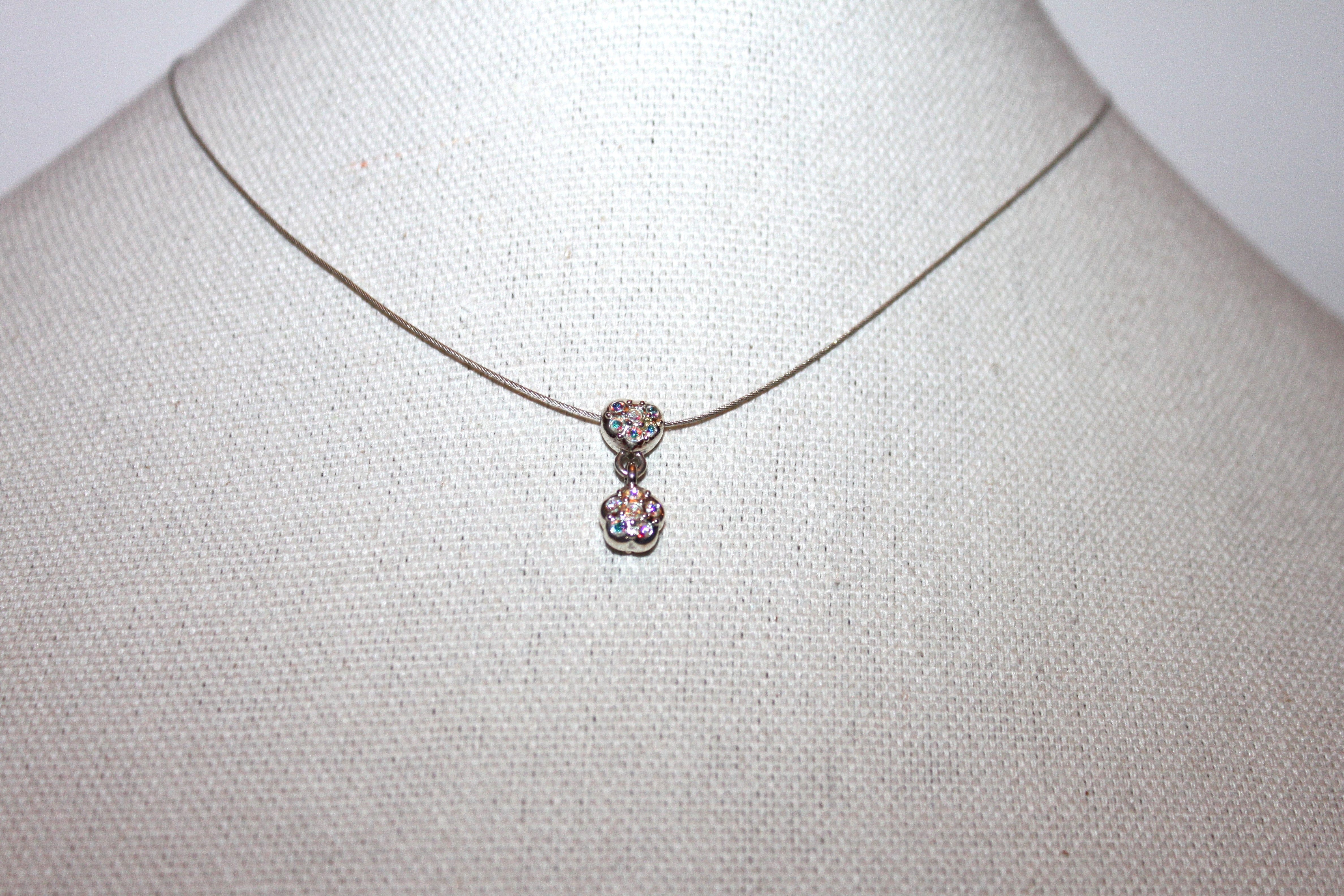 Necklace - Silver wire chain with pretty rhinestone flower cluster - 15" with 2" extension JL049