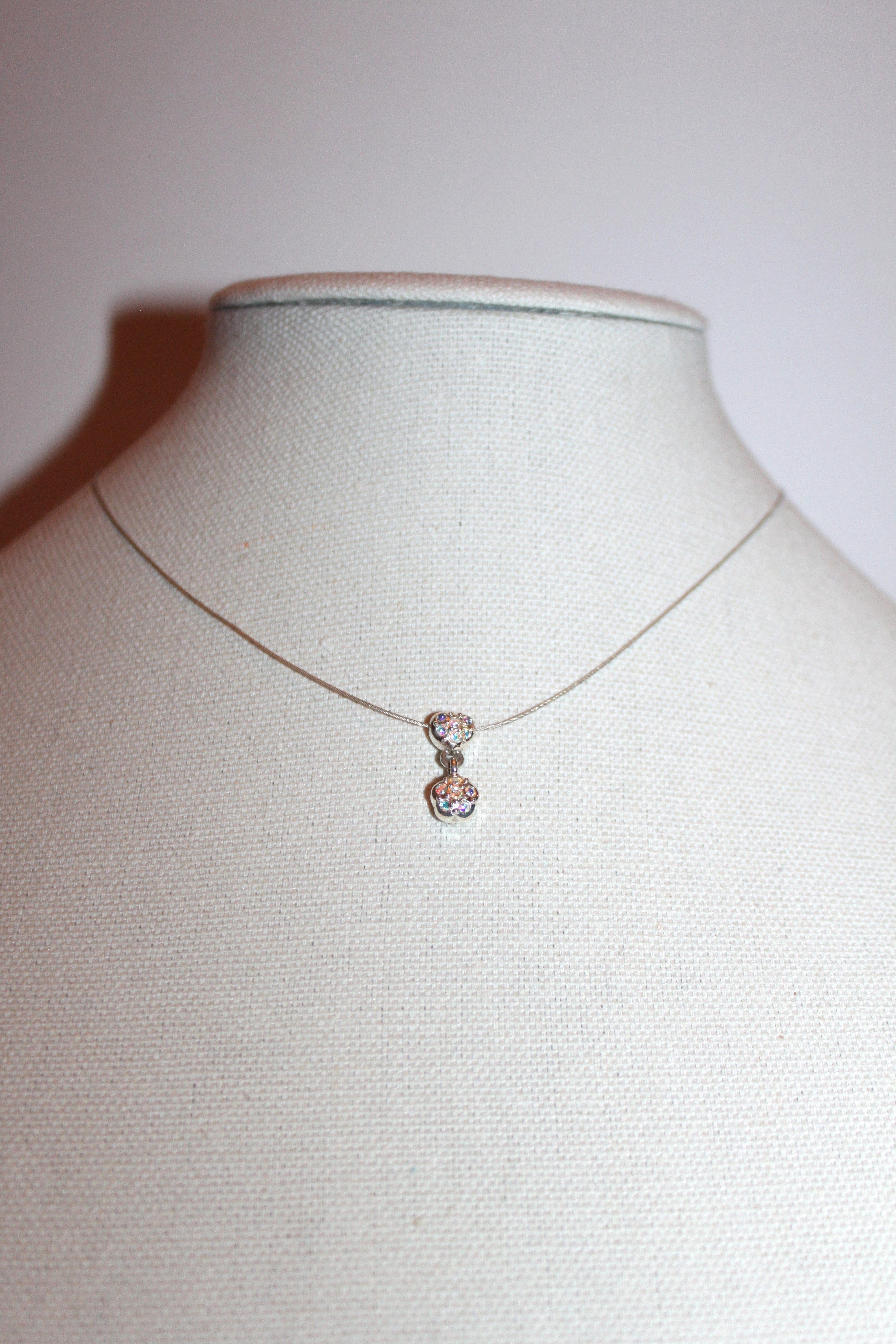 Necklace - Silver wire chain with pretty rhinestone flower cluster - 15" with 2" extension JL049