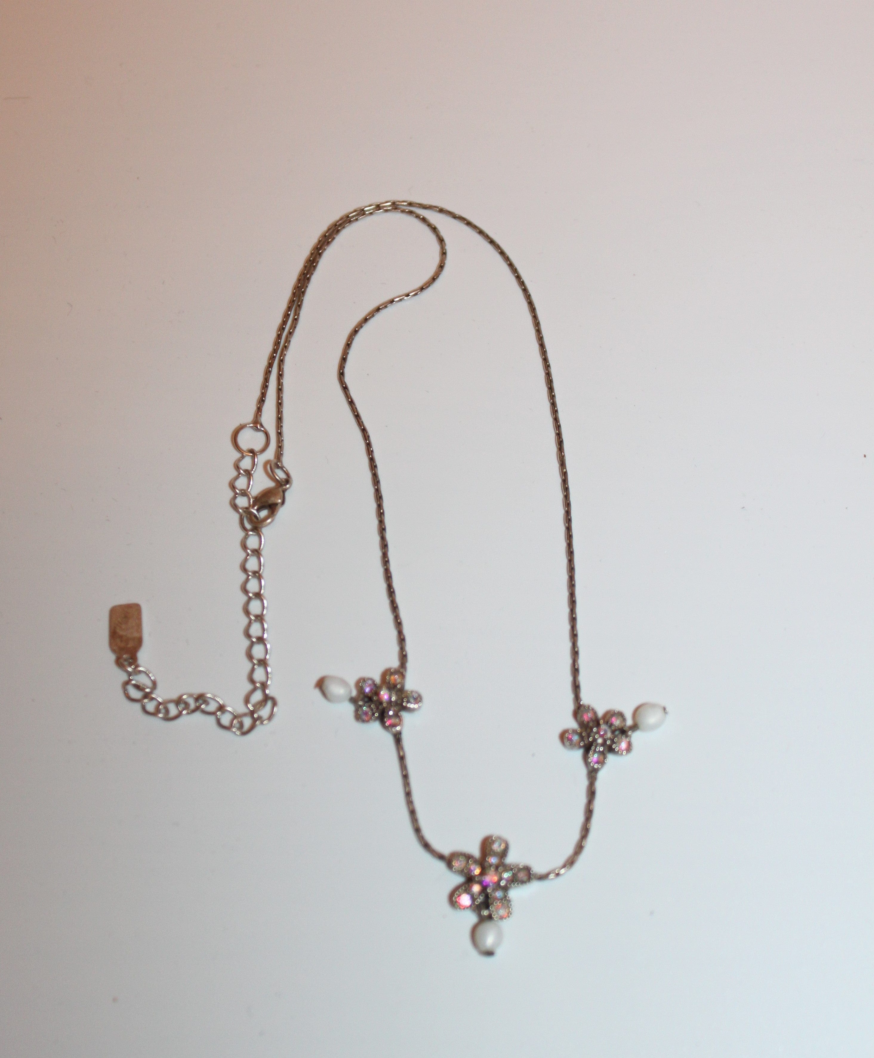 Necklace - Sterling silver 925 chain with a trio of flowers set in rhinestones - 16" w/2.5" extension JL060