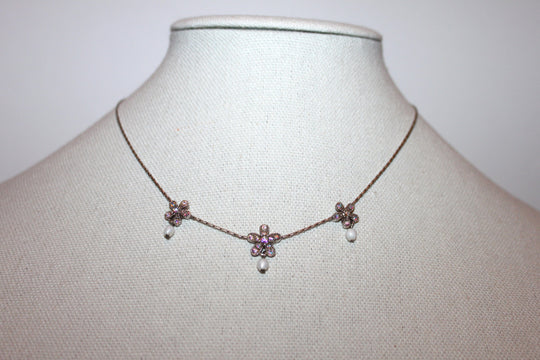 Necklace - Sterling silver 925 chain with a trio of flowers set in rhinestones - 16" w/2.5" extension JL060