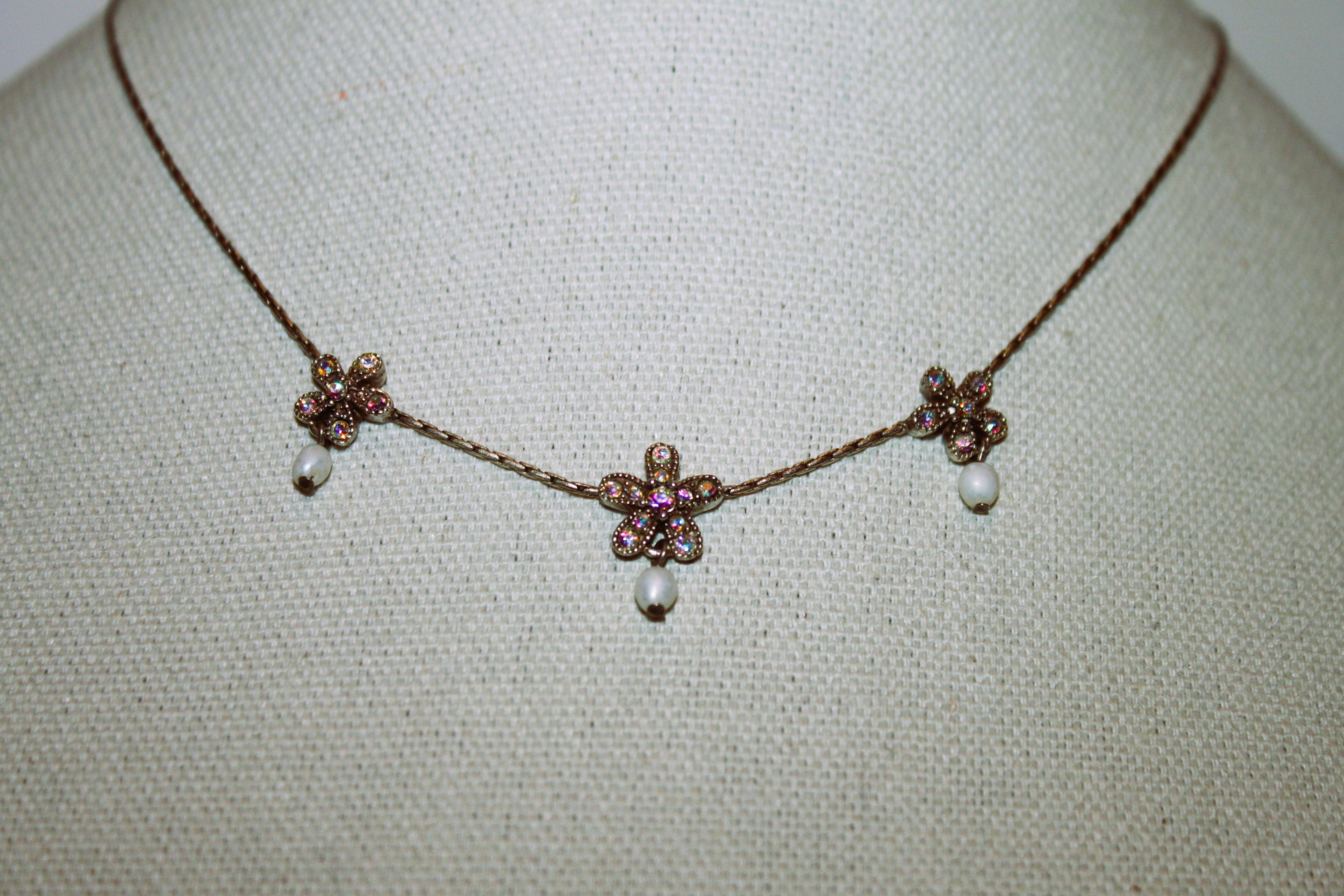 Necklace - Sterling silver 925 chain with a trio of flowers set in rhinestones - 16" w/2.5" extension JL060