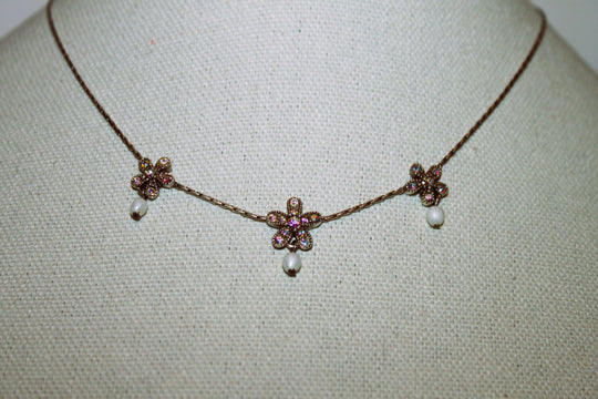 Necklace - Sterling silver 925 chain with a trio of flowers set in rhinestones - 16" w/2.5" extension JL060