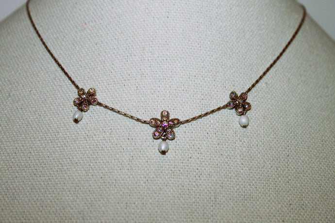 Necklace - Sterling silver 925 chain with a trio of flowers set in rhinestones - 16