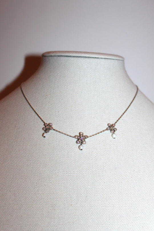 Necklace - Sterling silver 925 chain with a trio of flowers set in rhinestones - 16" w/2.5" extension JL060