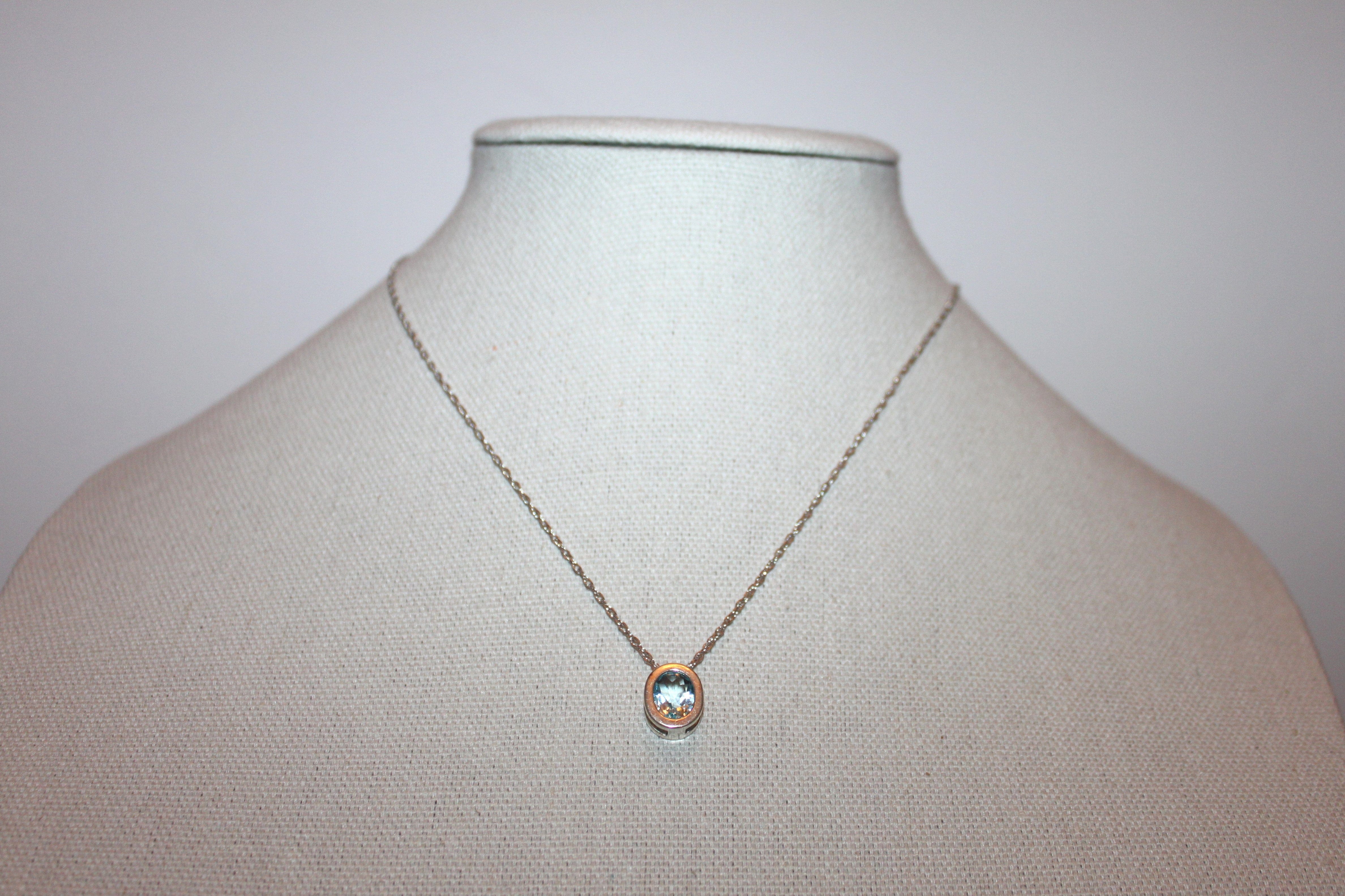 Necklace - Sterling silver 925 chain with beautiful Aquamarine stone setting- 17.5" JL058