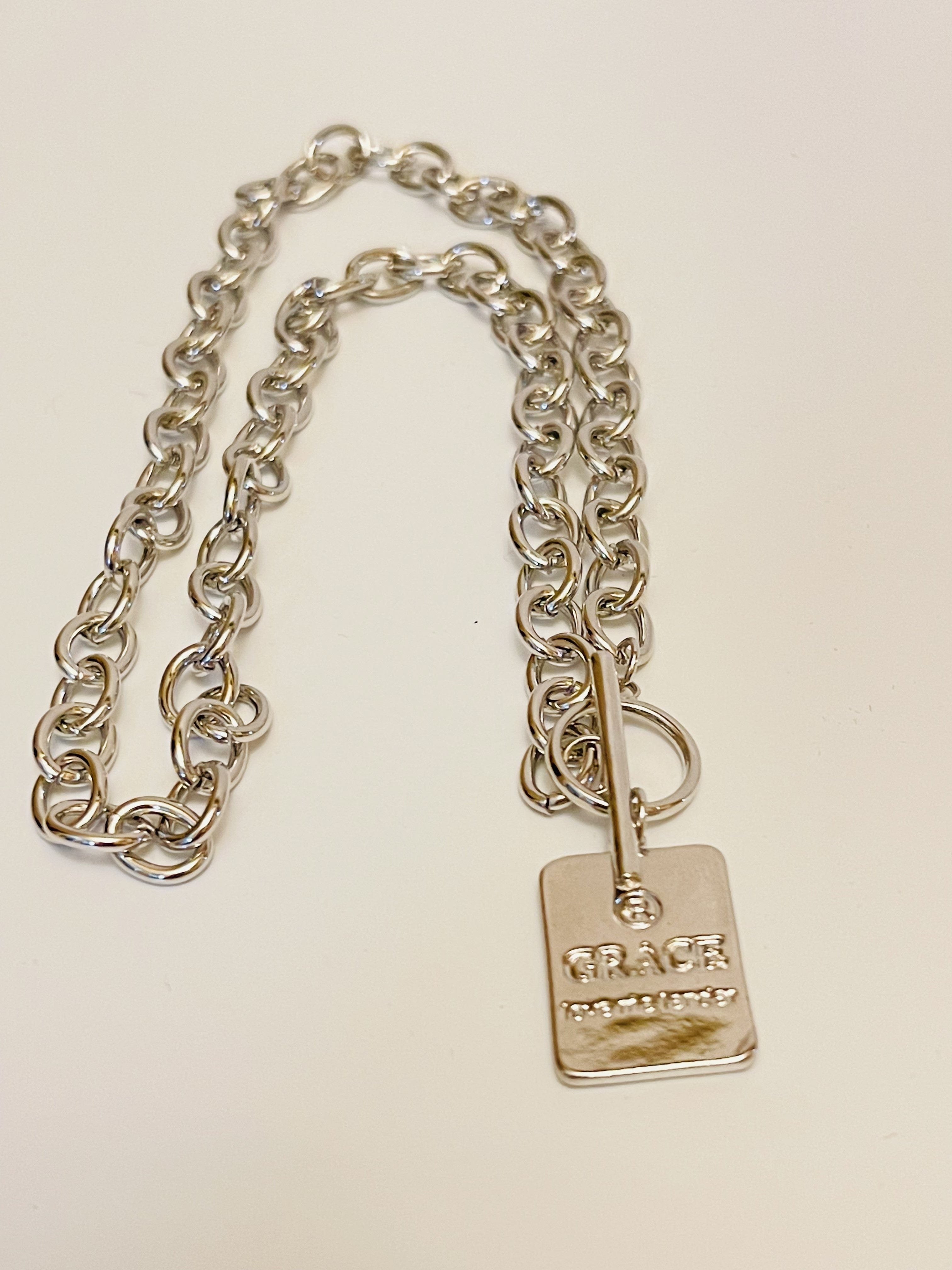 Necklace - Thick silver cable chain style with loop and toggle in front - Grace charm - 17" JL156