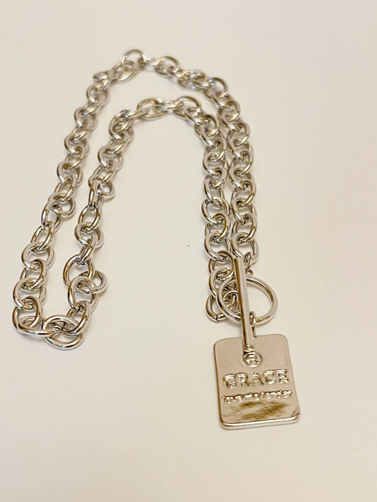 Necklace - Thick silver cable chain style with loop and toggle in front - Grace charm - 17" JL156