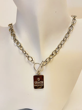 Necklace - Thick silver cable chain style with loop and toggle in front - Grace charm - 17" JL156
