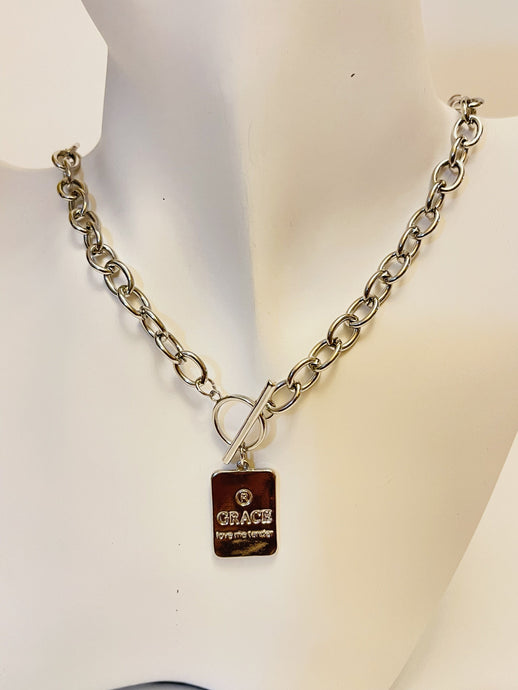 Necklace - Thick silver cable chain style with loop and toggle in front - Grace charm - 17