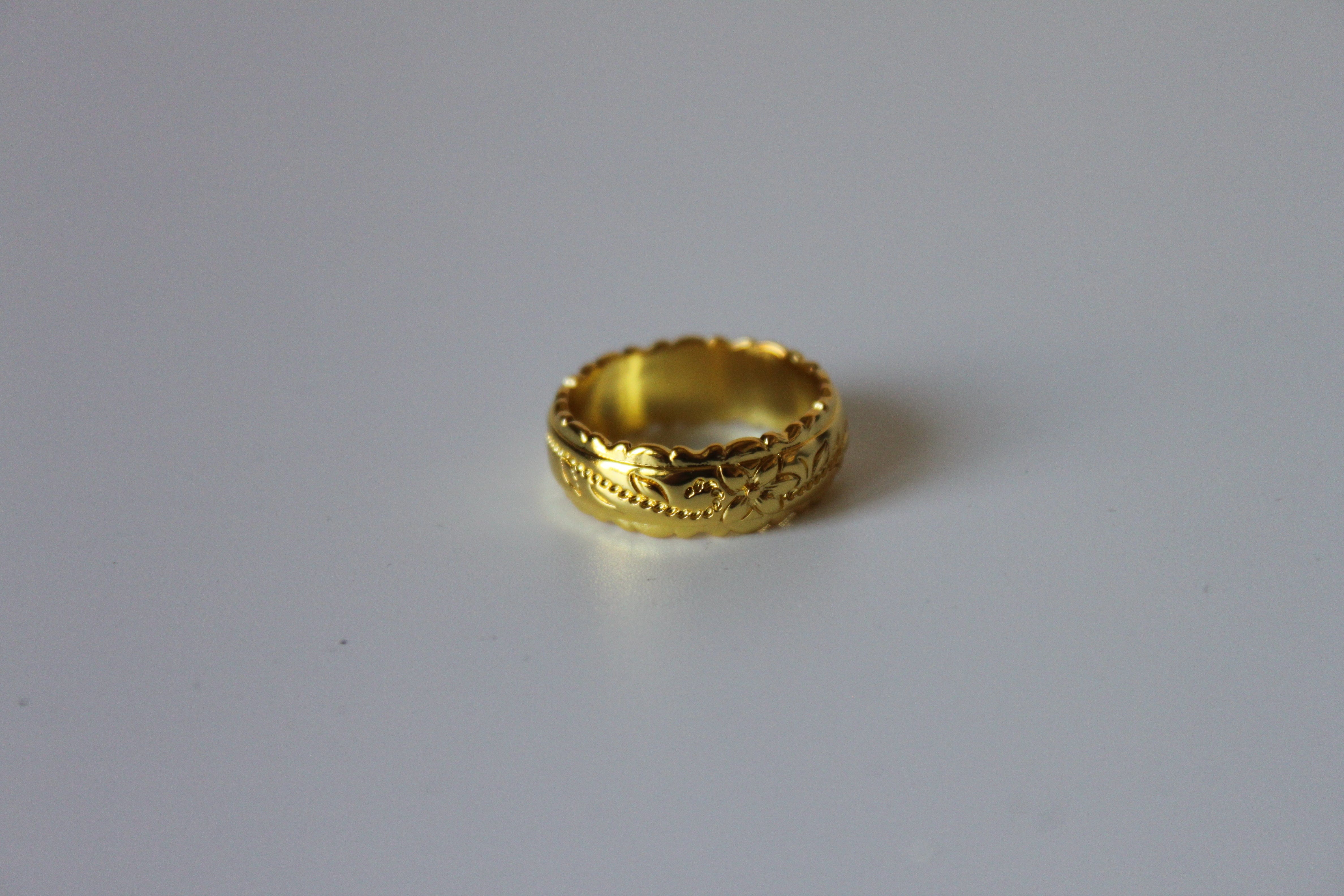 Rings - 14K gold plated ring band in Hawaiin flower print engraved design - various sizes