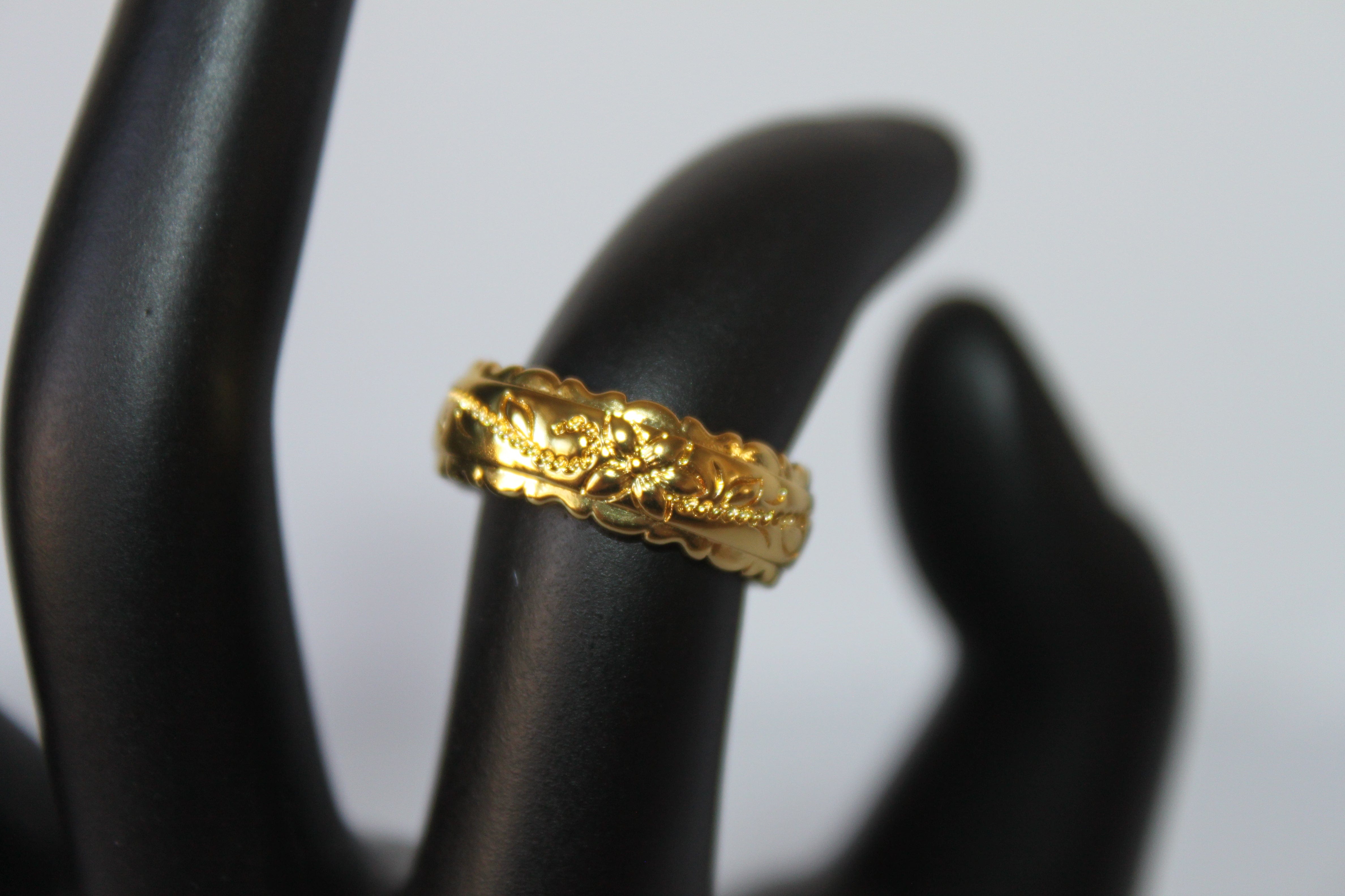 Rings - 14K gold plated ring band in Hawaiin flower print engraved design - various sizes