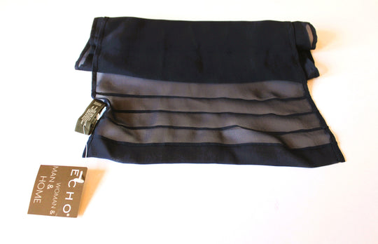 Scarf - 100% Silk (ECHO) Navy Blue solid print with Soft Pleated Edge Design (57x10" Rectangle) S028