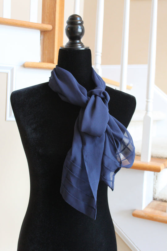 Scarf - 100% Silk (ECHO) Navy Blue solid print with Soft Pleated Edge Design (57x10" Rectangle) S028