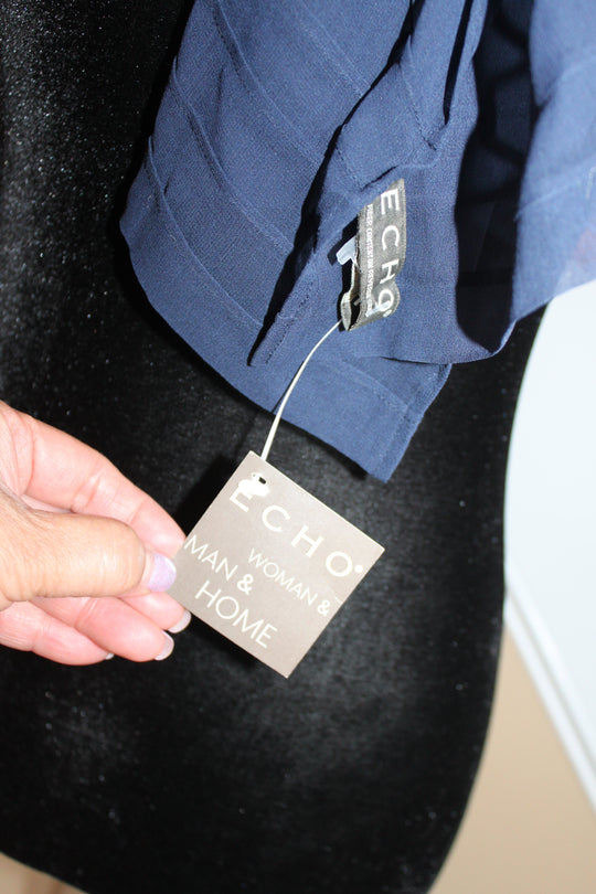 Scarf - 100% Silk (ECHO) Navy Blue solid print with Soft Pleated Edge Design (57x10" Rectangle) S028