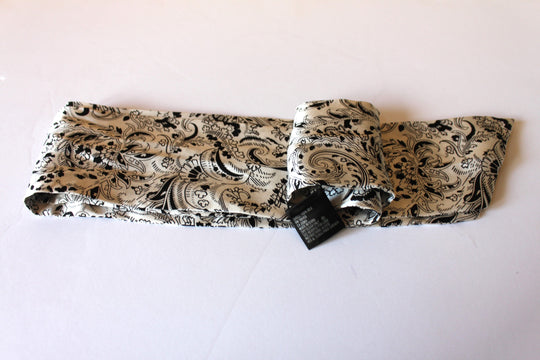 Scarf - 100% Silk Neck Scarf in Paisly and Floral Pattern - White and Black (48x3" Rectangle) S027