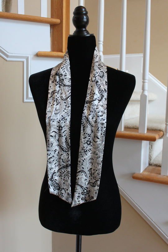 Scarf - 100% Silk Neck Scarf in Paisly and Floral Pattern - White and Black (48x3" Rectangle) S027