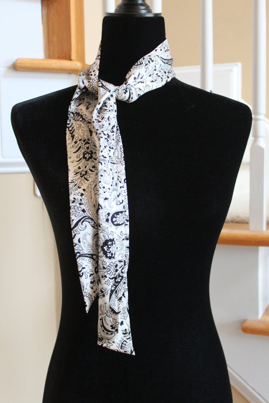 Scarf - 100% Silk Neck Scarf in Paisly and Floral Pattern - White and Black (48x3" Rectangle) S027