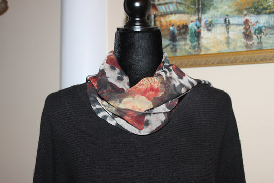 Scarf head/neck, animal/floral pattern - Black, beige, brown, burgundy (56x12" rectangle) S008