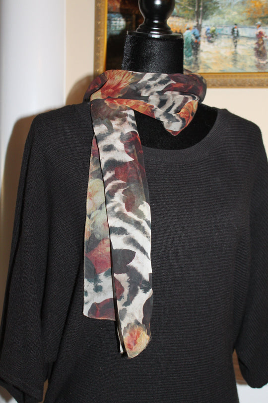 Scarf head/neck, animal/floral pattern - Black, beige, brown, burgundy (56x12" rectangle) S008