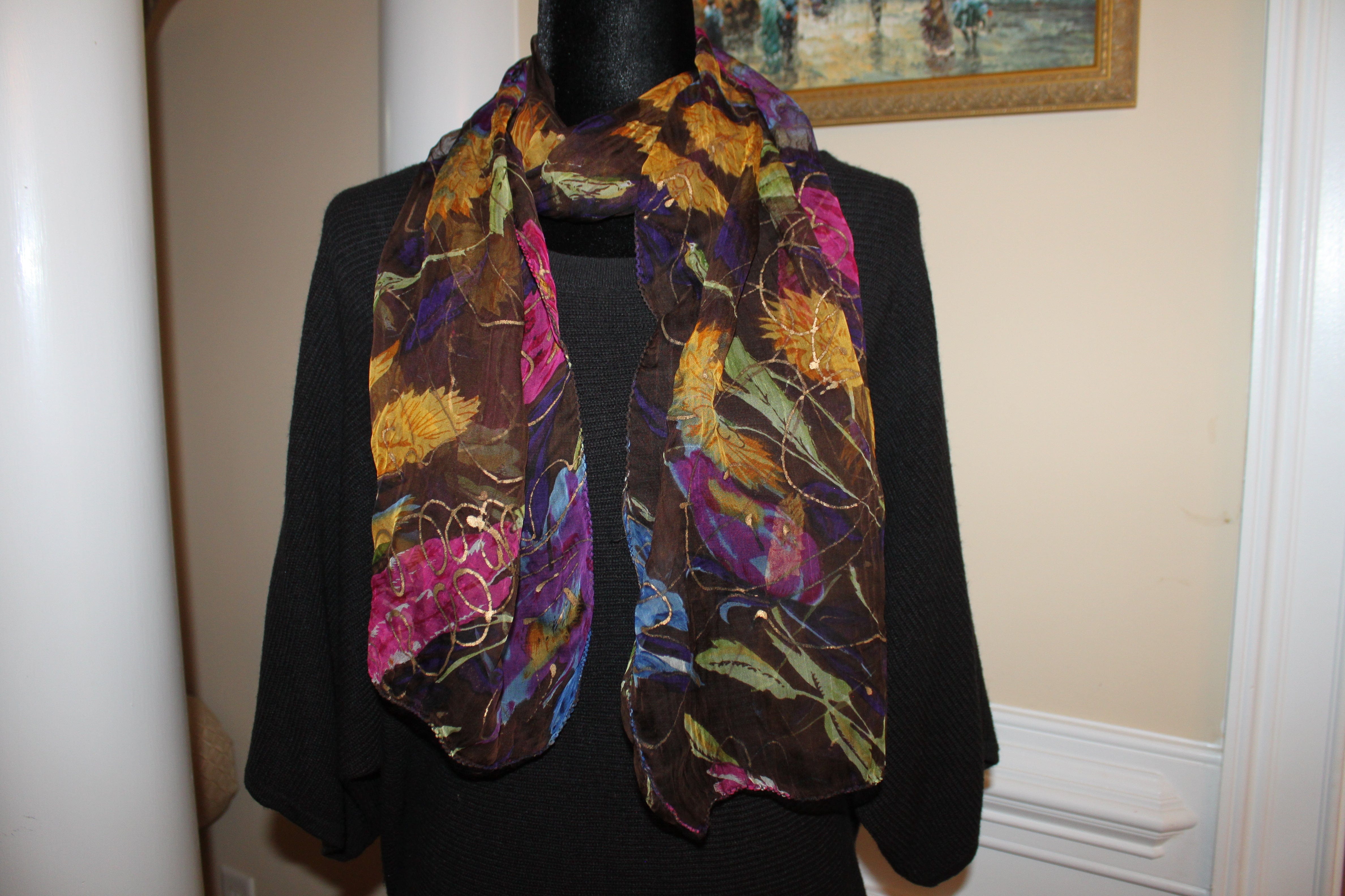 Scarf head/neck, eclectic pattern - Black, pink, blue, gold (60x12" rectangle) S007