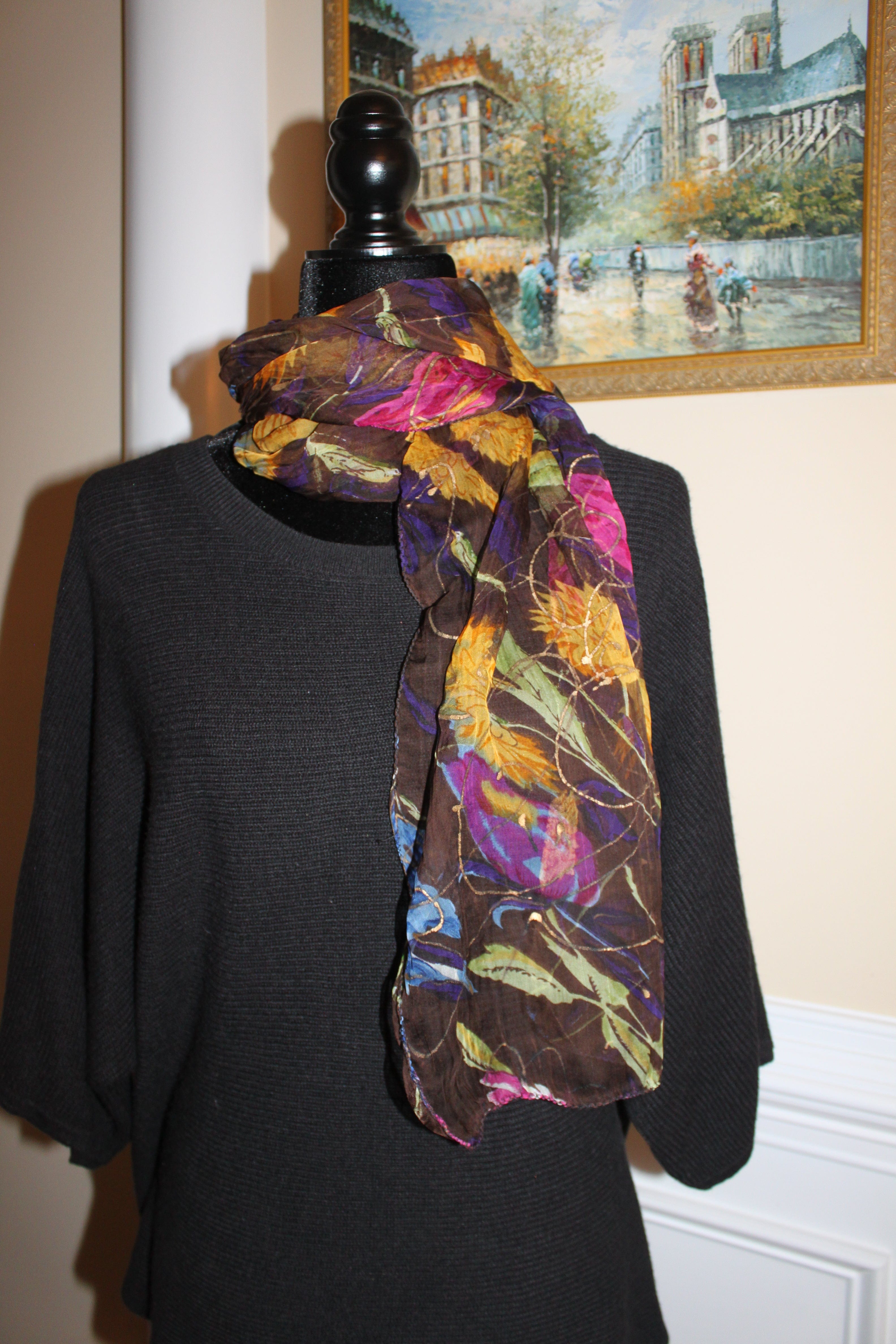 Scarf head/neck, eclectic pattern - Black, pink, blue, gold (60x12" rectangle) S007