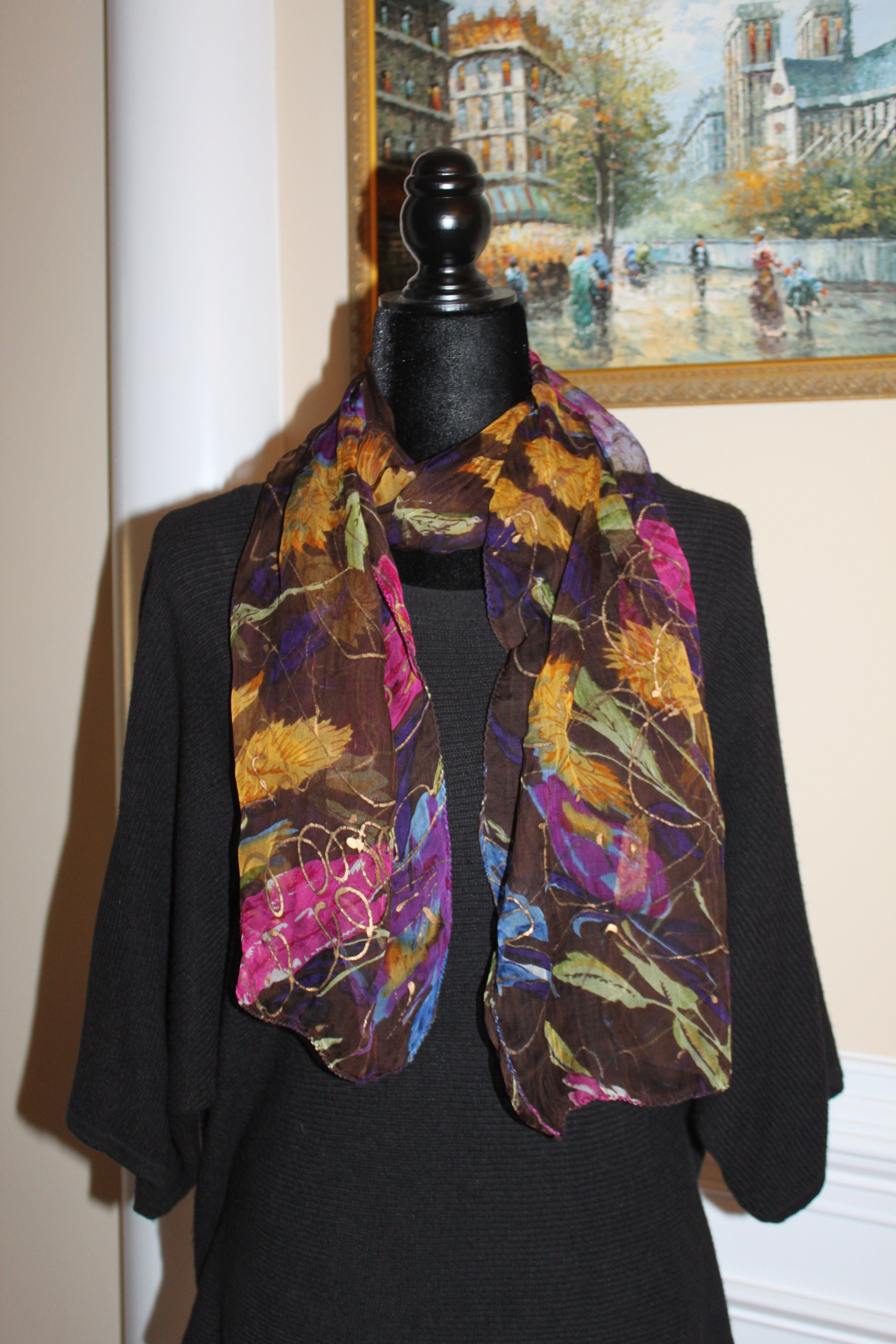 Scarf head/neck, eclectic pattern - Black, pink, blue, gold (60x12" rectangle) S007
