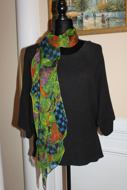 Scarf head/neck, floral pattern/paisley - Black, green, purple, orange (70x12" rectangle) S009