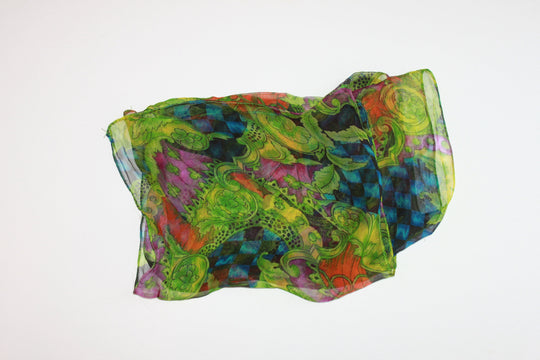 Scarf head/neck, floral pattern/paisley - Black, green, purple, orange (70x12" rectangle) S009