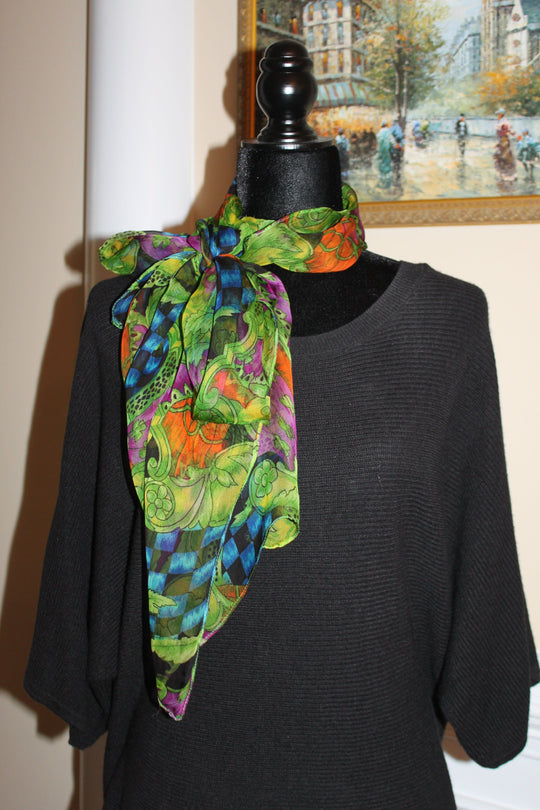 Scarf head/neck, floral pattern/paisley - Black, green, purple, orange (70x12" rectangle) S009