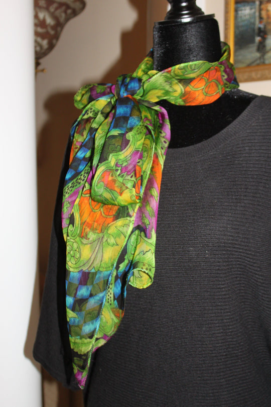 Scarf head/neck, floral pattern/paisley - Black, green, purple, orange (70x12" rectangle) S009