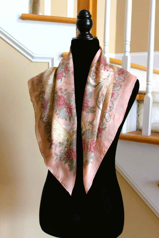 Scarf head/neck, floral pattern (Roses) - Pink, Cream, Light Pink, Green (32" square) S014