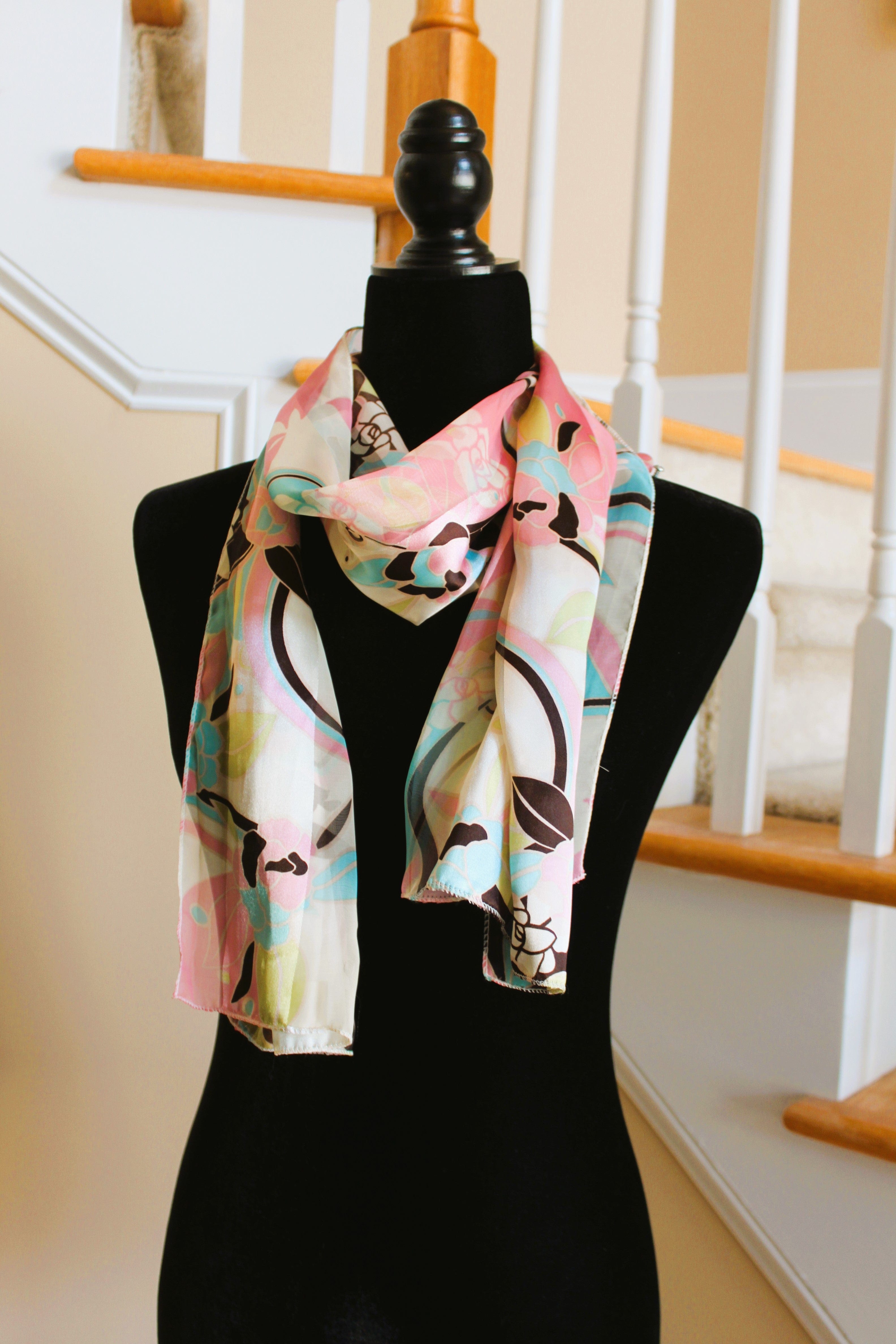 Scarf - Sheer/Satin Floral Print (Pink, Aqua, Black, and Cream (58x13" rectangle) S019