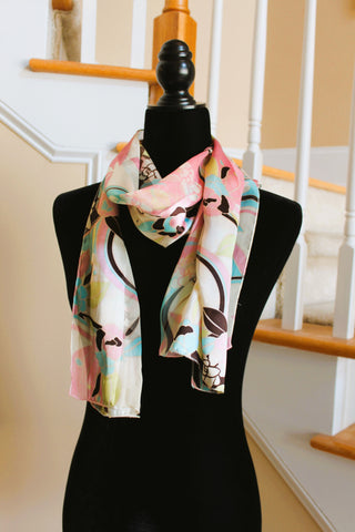 Scarf - Sheer/Satin Floral Print (Pink, Aqua, Black, and Cream (58x13" rectangle) S019