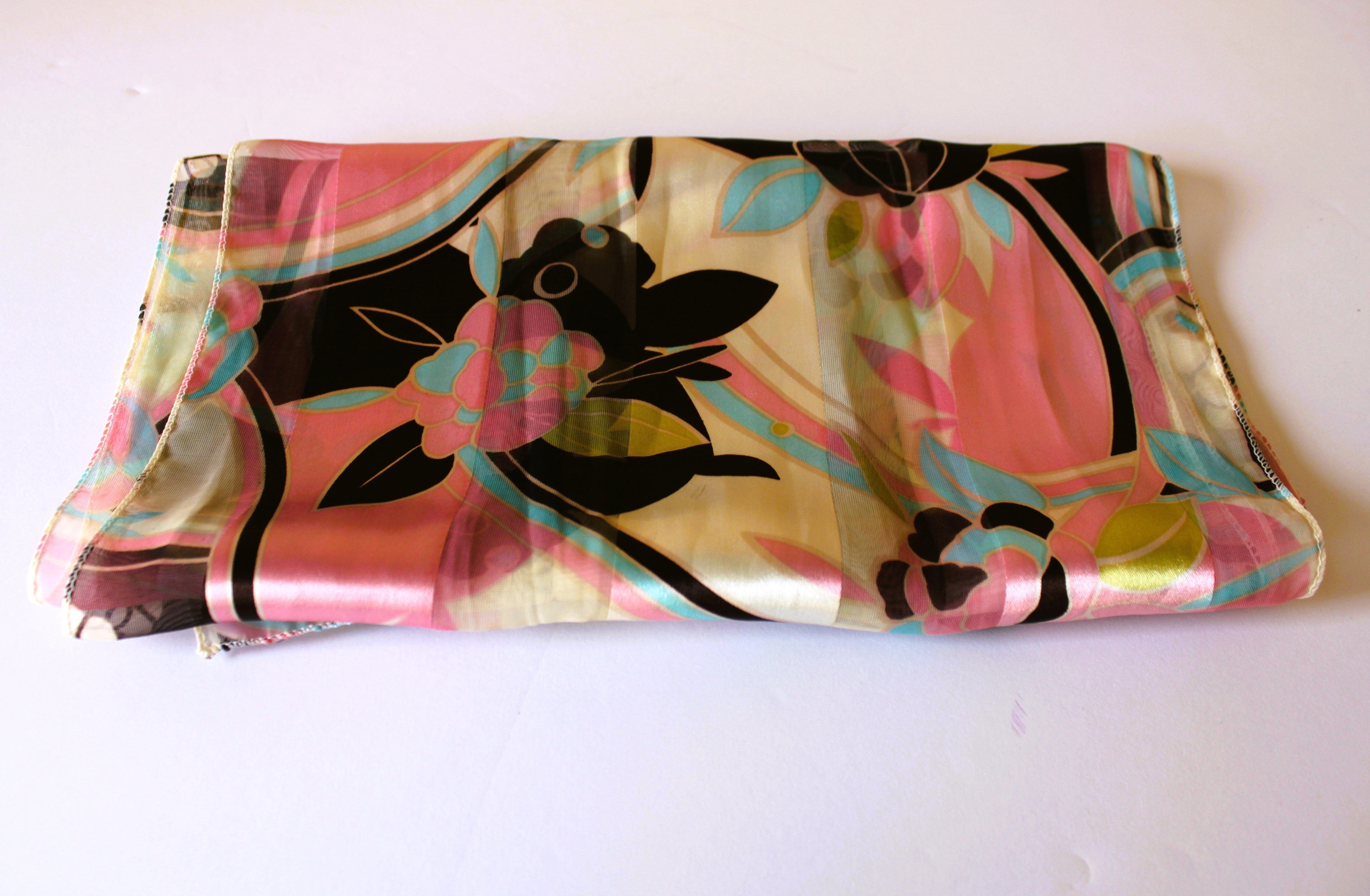 Scarf - Sheer/Satin Floral Print (Pink, Aqua, Black, and Cream (58x13" rectangle) S019