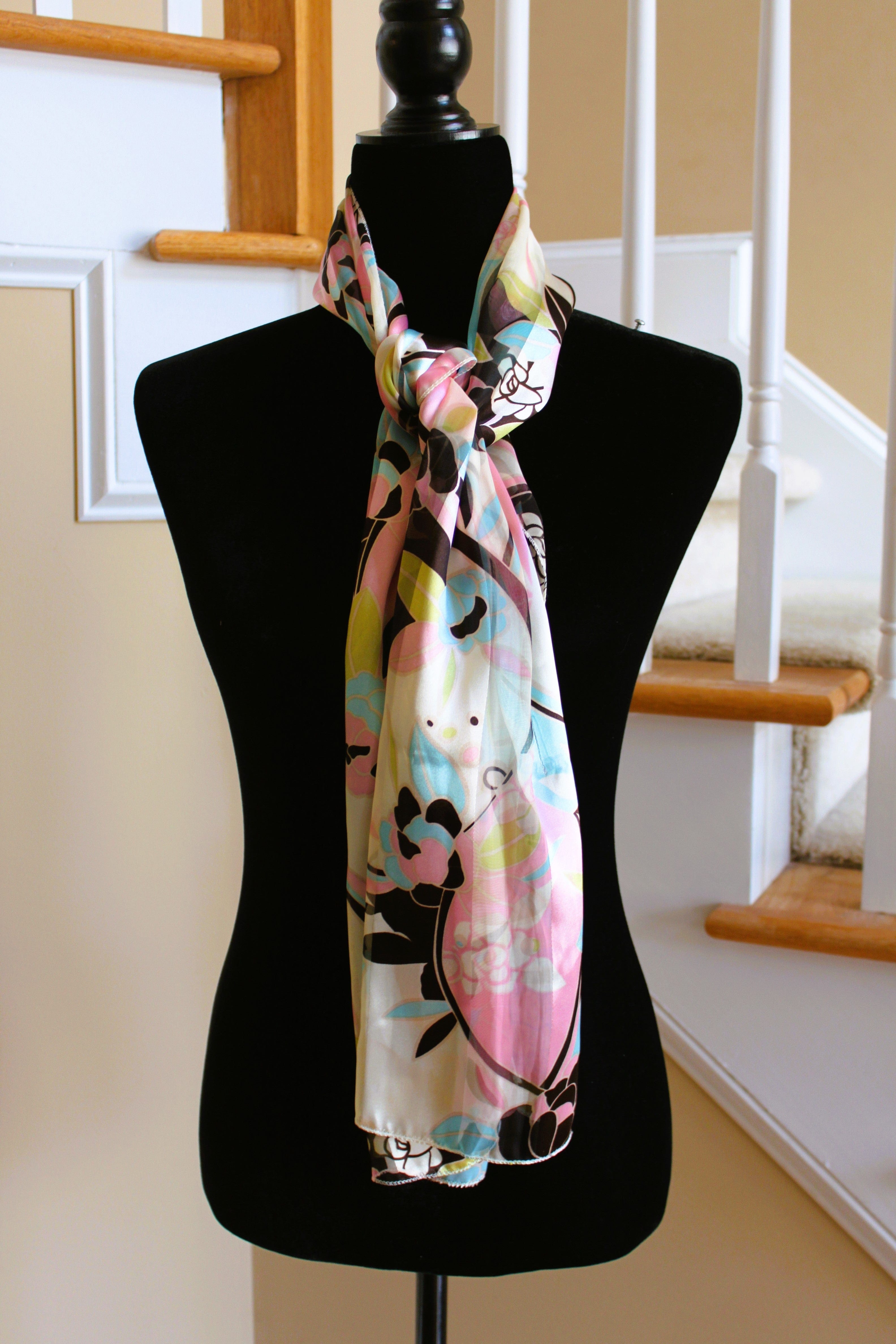 Scarf - Sheer/Satin Floral Print (Pink, Aqua, Black, and Cream (58x13" rectangle) S019