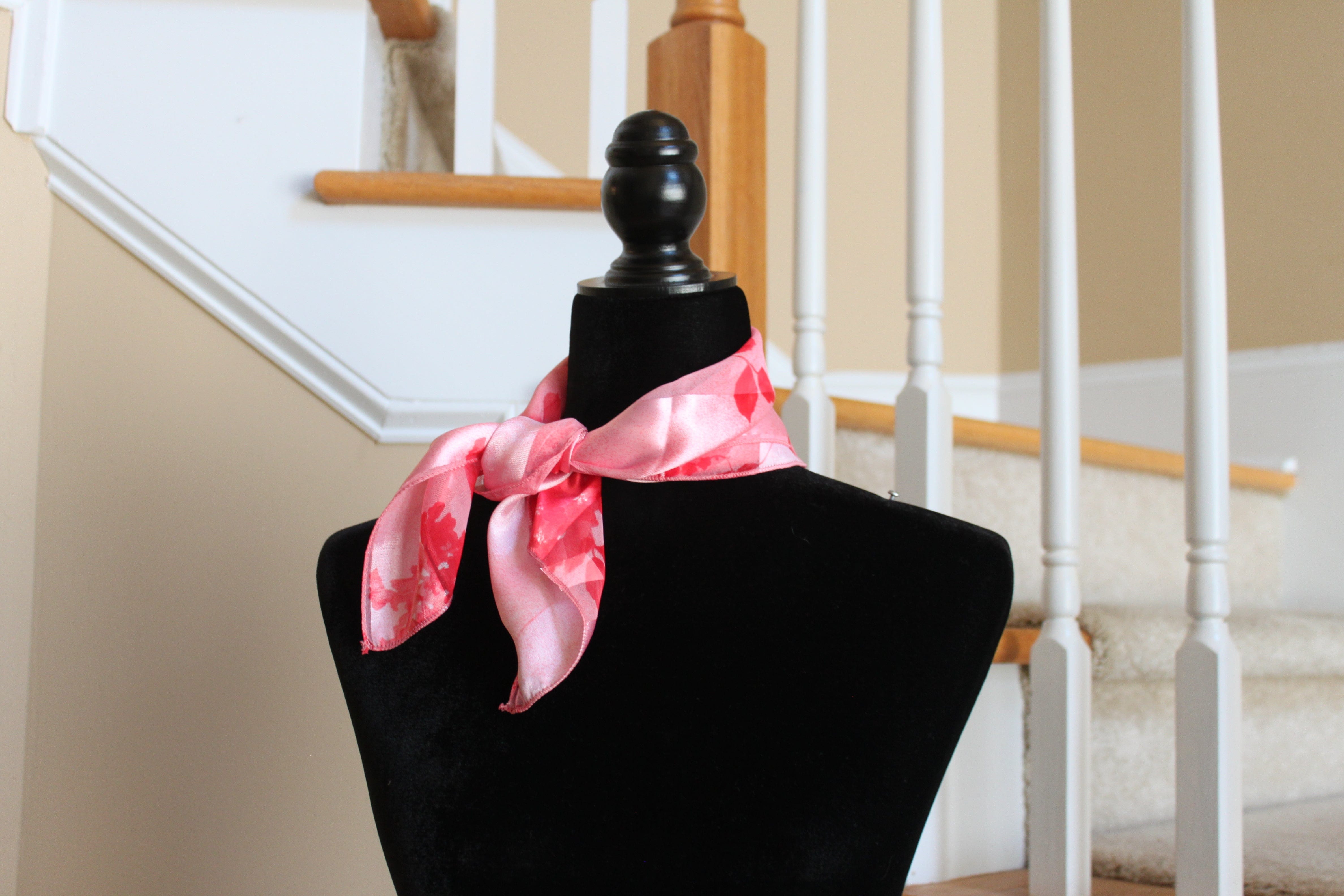 Scarf - Sheer/Satin with Rose Floral Print - Red and Light Satin Pink (20" square) S022