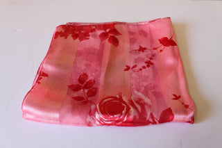 Scarf - Sheer/Satin with Rose Floral Print - Red and Light Satin Pink (20" square) S022