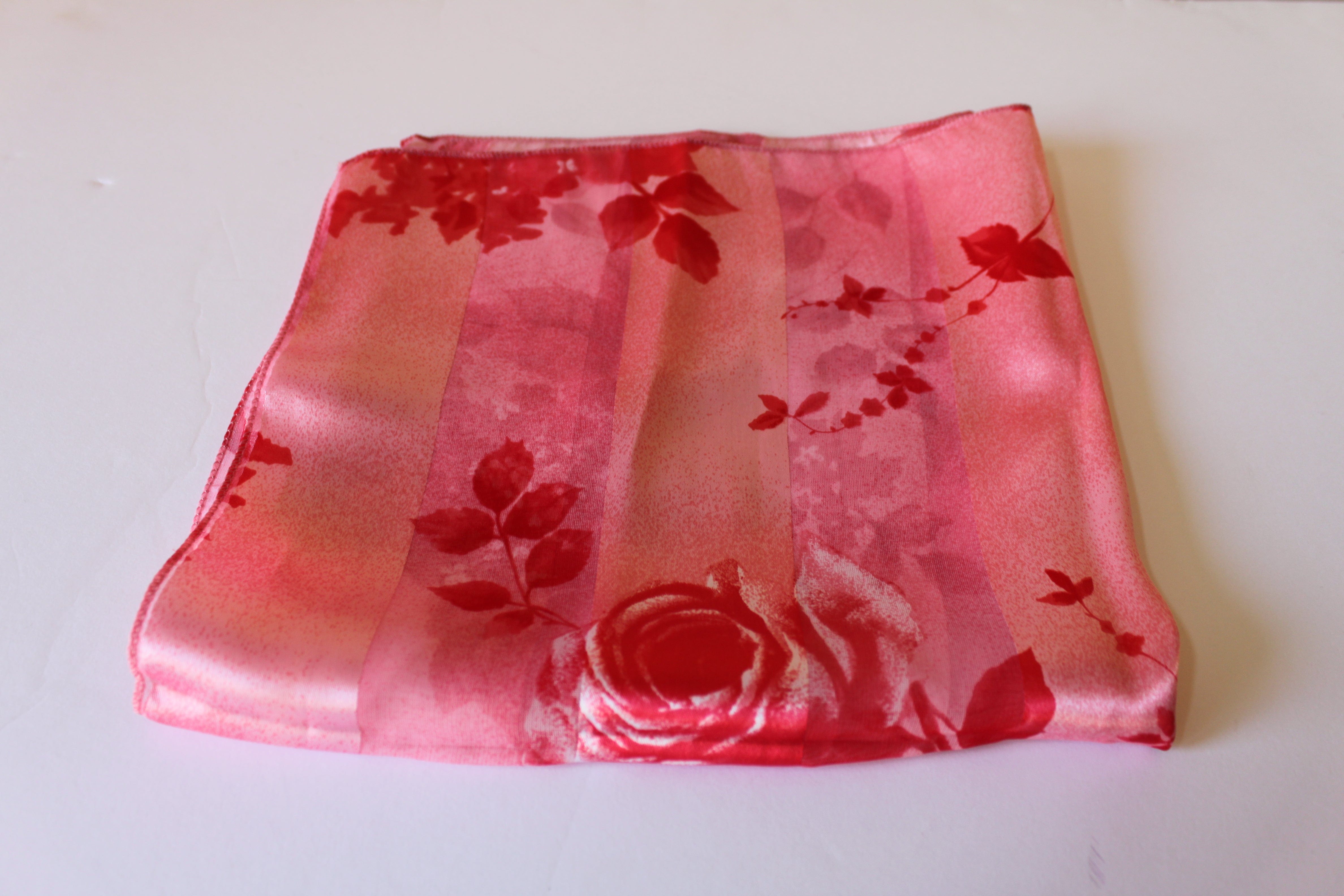 Scarf - Sheer/Satin with Rose Floral Print - Red and Light Satin Pink (20" square) S022