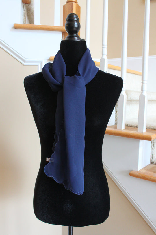 Scarf - Sheer Scarf with scalloped edges - Navy Blue solid print (58x16" Rectangle) S025