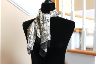 Scarf - Soft/Sheer Modern Floral Print - Beige and Black  (38x12" rectangle) S015