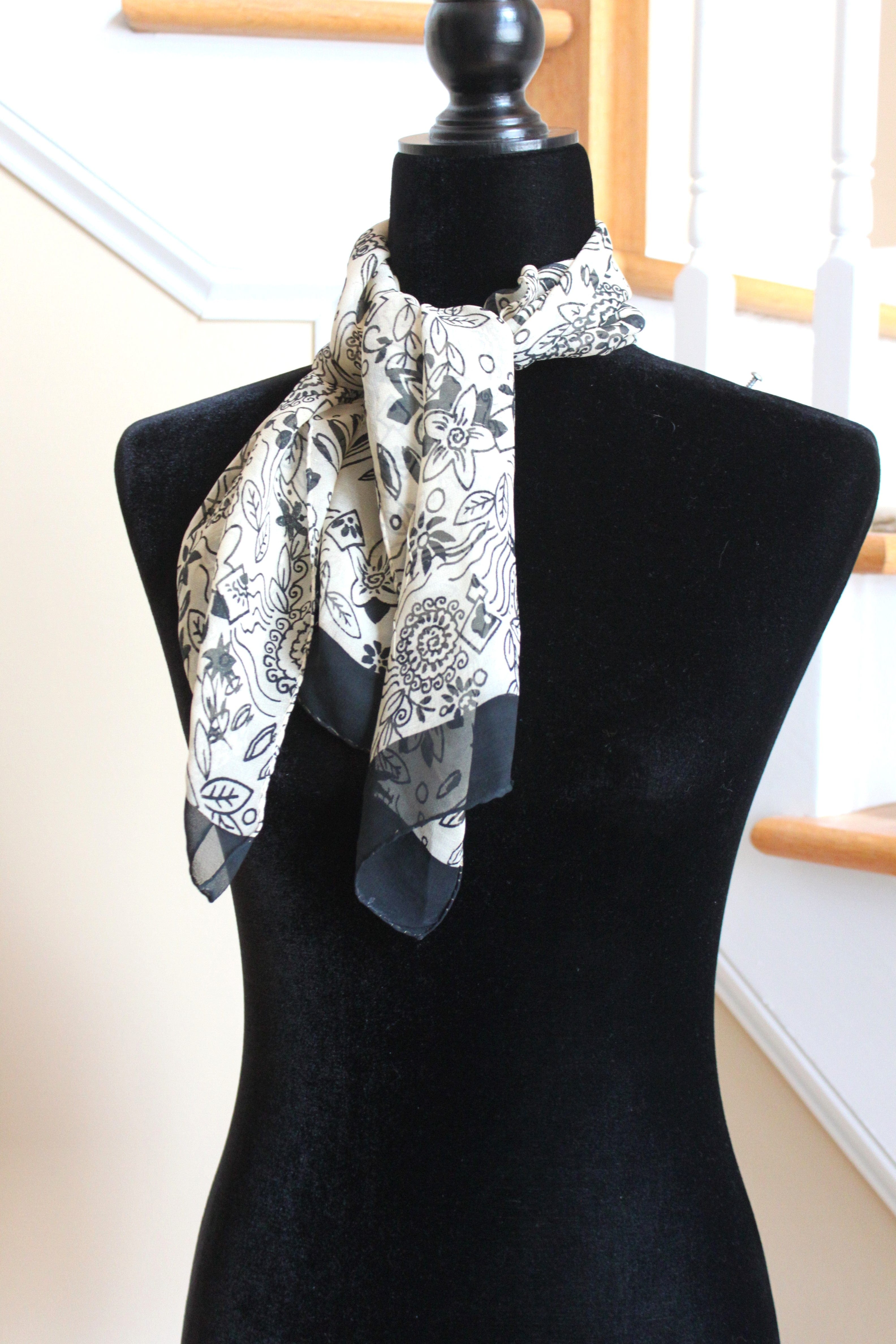 Scarf - Soft/Sheer Modern Floral Print - Beige and Black  (38x12" rectangle) S015